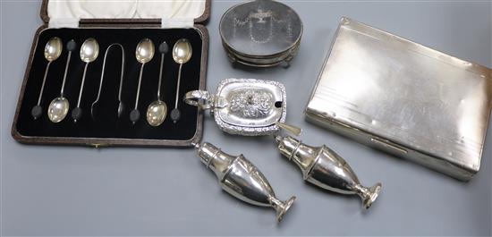 Mixed silver including a silver and tortoiseshell trinket box, three condiments, cased spoons and cigarette box.